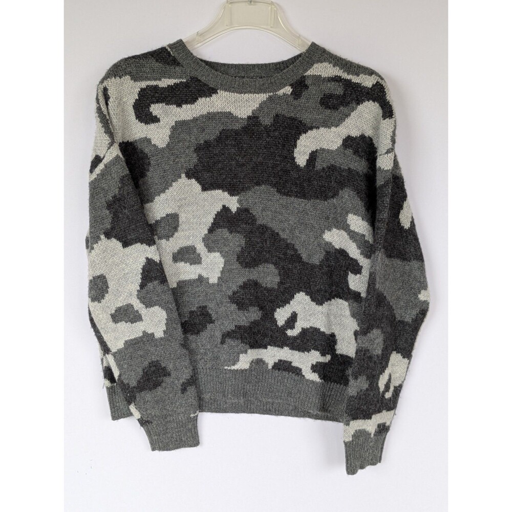 Lucky Brand Sweater Womens Medium Camo Wool Blend Gray  Knit Pullover Jumper